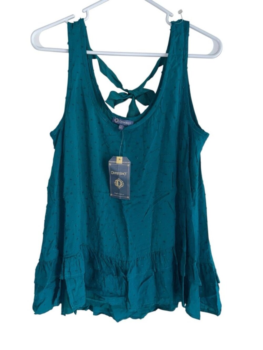NWT Democracy Womens Ruffle Tie Back Top Sz S Teal Swiss Dot Boho Hippie
